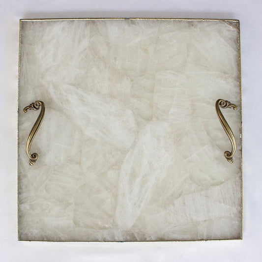 White Agate Serving Tray With Brass Handles | Square-0