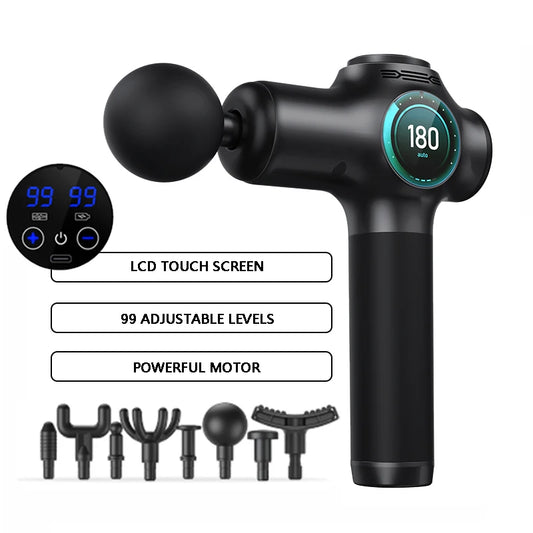 Deep Tissue Percussion Massage Gun with 8 Interchangeable Heads and 99 Speed Settings for Pain Relief