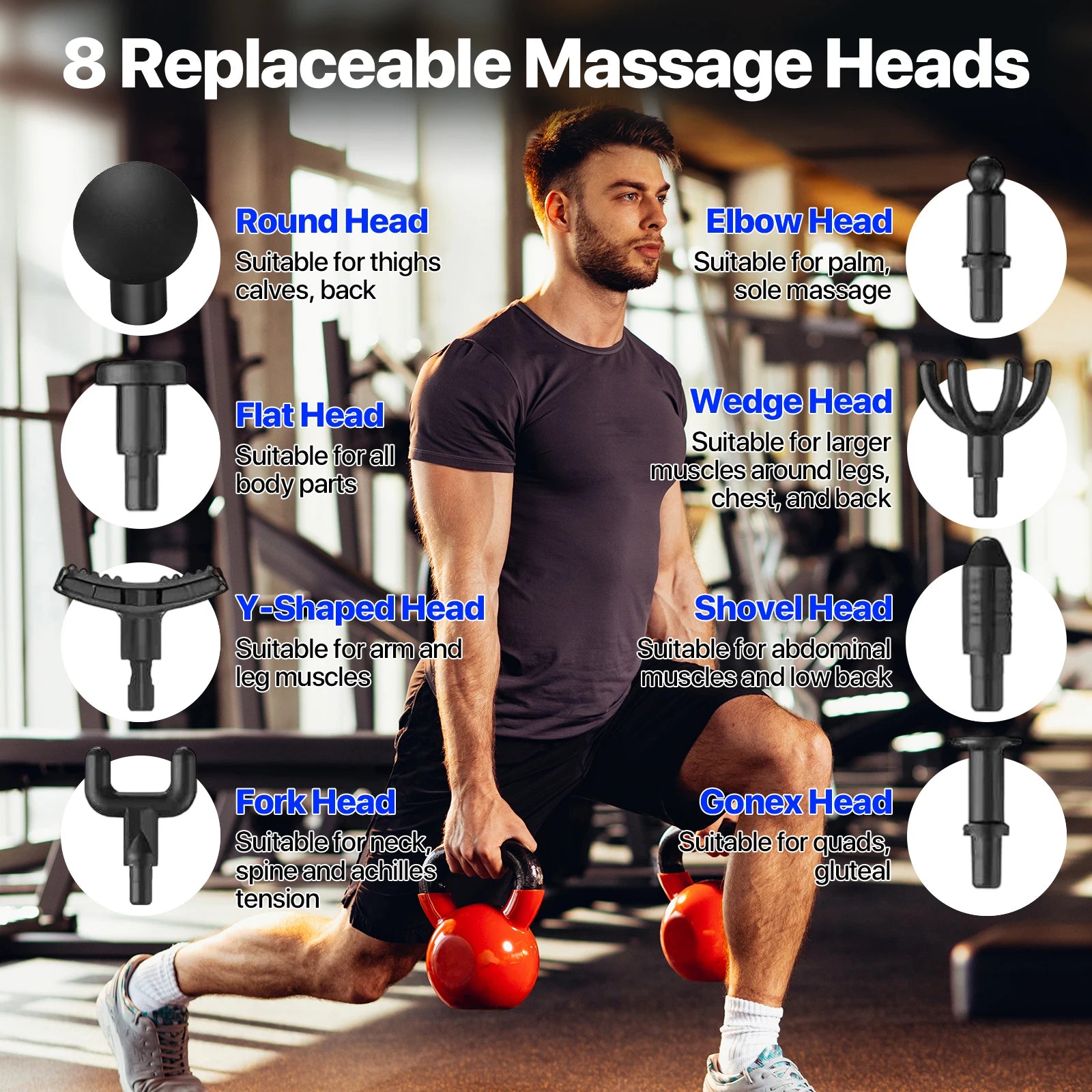 Deep Tissue Percussion Massage Gun with 8 Interchangeable Heads and 99 Speed Settings for Pain Relief