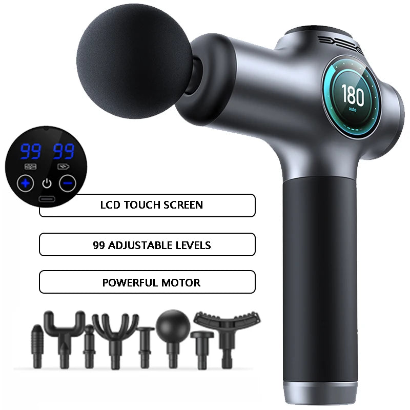 Deep Tissue Percussion Massage Gun with 8 Interchangeable Heads and 99 Speed Settings for Pain Relief